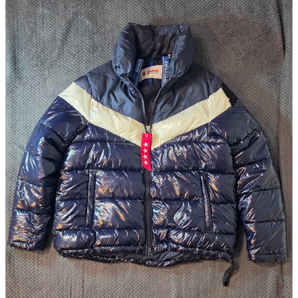 Invicta Shiny Puffer Jacket Navy Blue Cream Colorblock Quilted Funel Neck Mens M